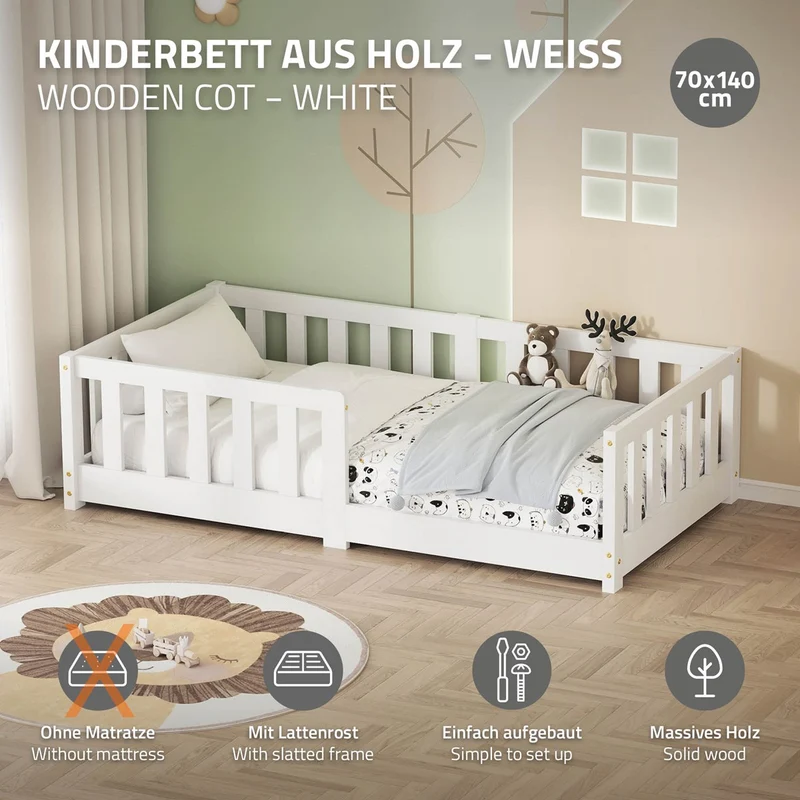 Kinderbett 70x140 cm mit Lattenrost und Rausfallschutz Weiß Kiefernholz ML-Design
