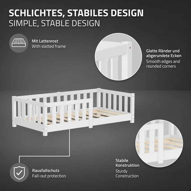 Kinderbett 70x140 cm mit Lattenrost und Rausfallschutz Weiß Kiefernholz ML-Design