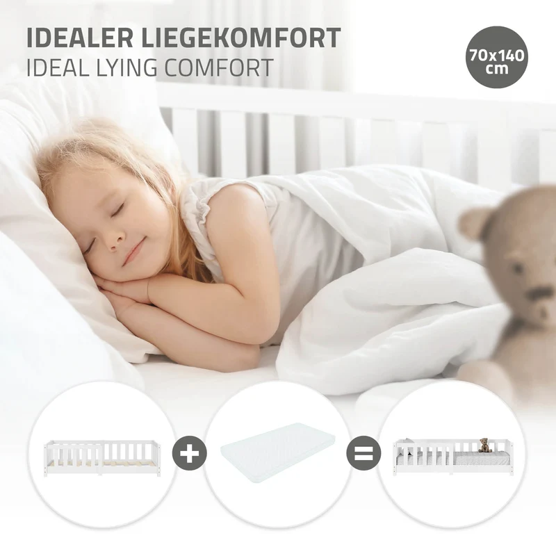 Kinderbett 70x140 cm mit Lattenrost und Rausfallschutz Weiß Kiefernholz ML-Design