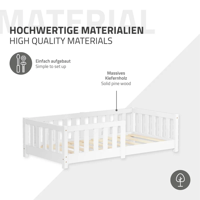 Kinderbett 70x140 cm mit Lattenrost und Rausfallschutz Weiß Kiefernholz ML-Design