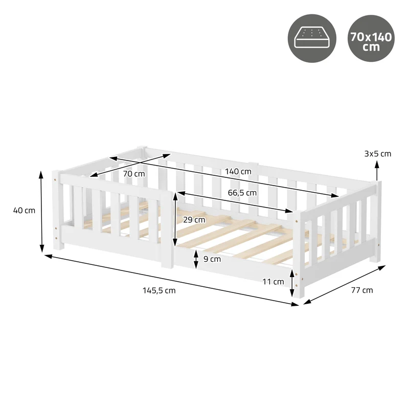 Kinderbett 70x140 cm mit Lattenrost und Rausfallschutz Weiß Kiefernholz ML-Design