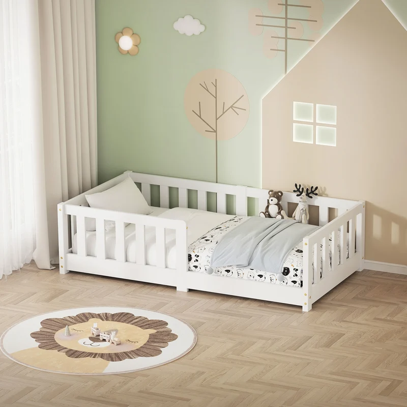Kinderbett 70x140 cm mit Lattenrost und Rausfallschutz Weiß Kiefernholz ML-Design