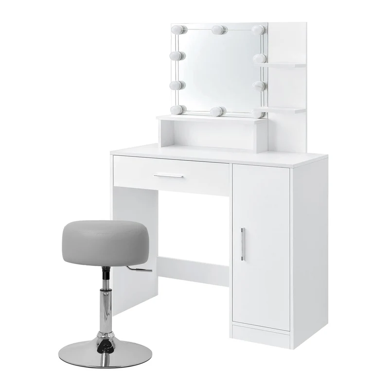 ML-Design | Schminktisch Frisiertisch 90x38x137 cm in Weiß mit LED Beleuchtung, Spiegel, Schublade, Schrank & 3 Ablagen