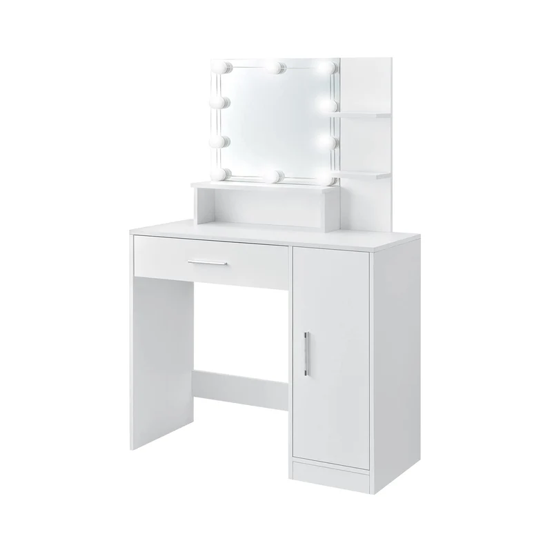 ML-Design | Schminktisch Frisiertisch 90x38x137 cm in Weiß mit LED Beleuchtung, Spiegel, Schublade, Schrank & 3 Ablagen