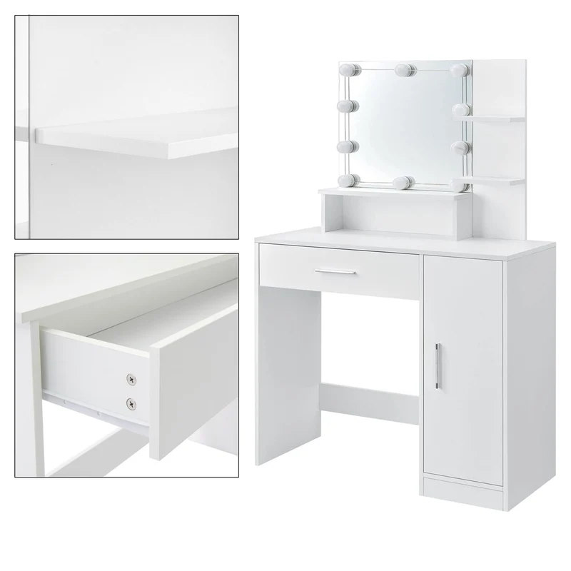 ML-Design | Schminktisch Frisiertisch 90x38x137 cm in Weiß mit LED Beleuchtung, Spiegel, Schublade, Schrank & 3 Ablagen