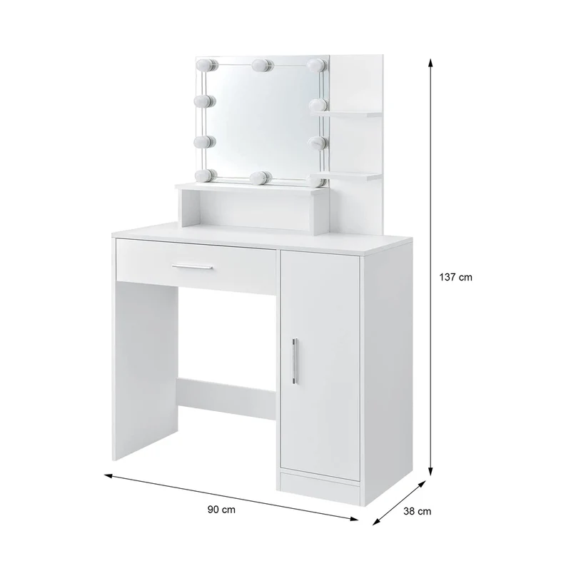 ML-Design | Schminktisch Frisiertisch 90x38x137 cm in Weiß mit LED Beleuchtung, Spiegel, Schublade, Schrank & 3 Ablagen