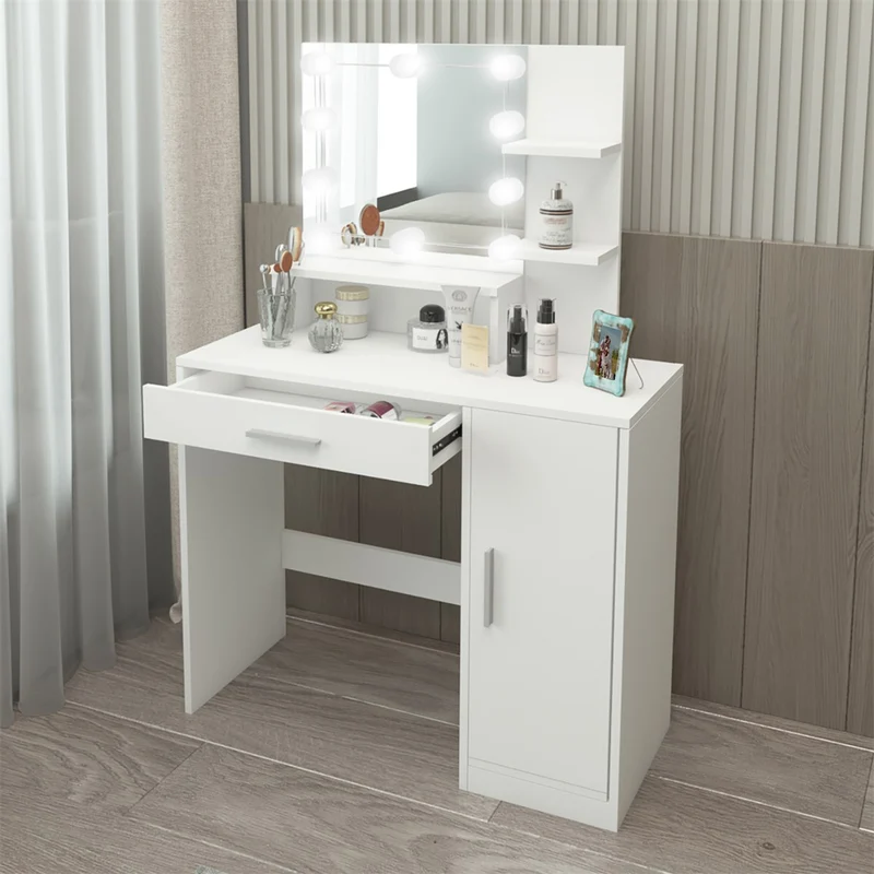 ML-Design | Schminktisch Frisiertisch 90x38x137 cm in Weiß mit LED Beleuchtung, Spiegel, Schublade, Schrank & 3 Ablagen