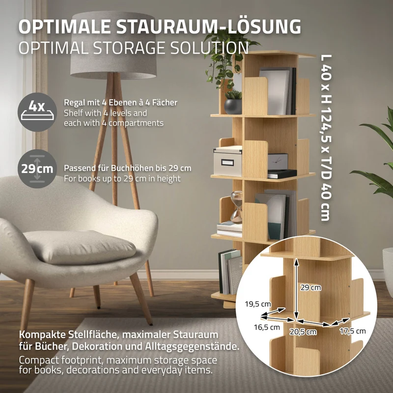360° drehbares Bücherregal mit 4 Ebenen & 16 Fächern, Beige, 40x124,5x40 cm, freistehend Standregal ML-Design