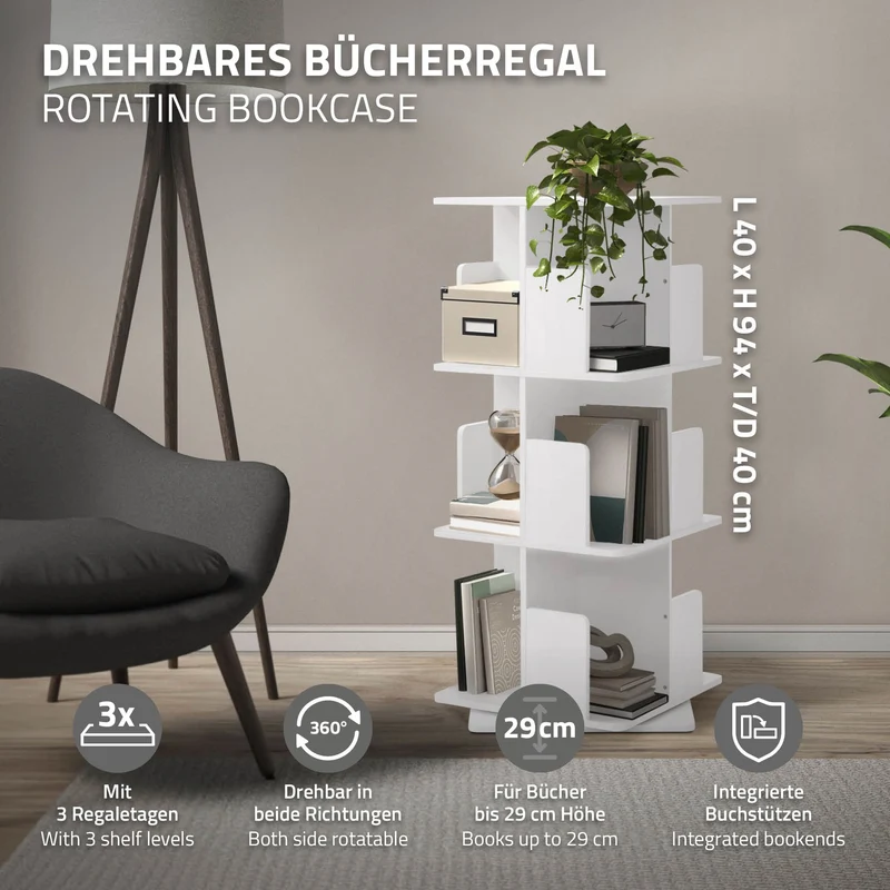 360° drehbares Bücherregal mit 3 Ebenen & 12 Fächern, Weiß, 40x94x40 cm, freistehend Standregal ML-Design