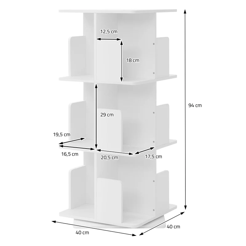 360° drehbares Bücherregal mit 3 Ebenen & 12 Fächern, Weiß, 40x94x40 cm, freistehend Standregal ML-Design