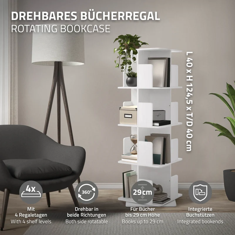 360° drehbares Bücherregal mit 4 Ebenen & 16 Fächern, Weiß, 40x124,5x40 cm, freistehend Standregal ML-Design