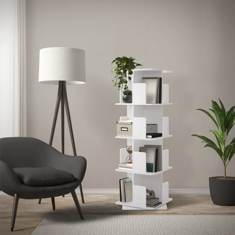 360° drehbares Bücherregal mit 4 Ebenen & 16 Fächern, Weiß, 40x124,5x40 cm, freistehend Standregal ML-Design