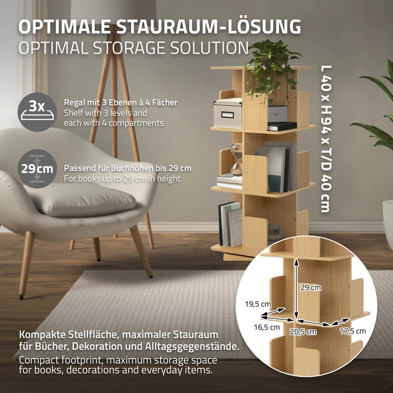 360° drehbares Bücherregal mit 3 Ebenen & 12 Fächern, Beige, 40x94x40 cm, freistehend Standregal ML-Design