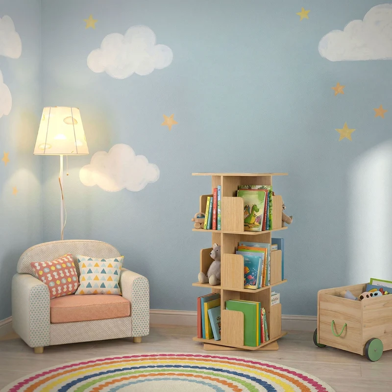360° drehbares Bücherregal mit 3 Ebenen & 12 Fächern, Beige, 40x94x40 cm, freistehend Standregal ML-Design