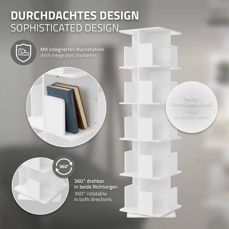 360° drehbares Bücherregal mit 5 Ebenen & 20 Fächern, Weiß, 40x155x40 cm, freistehend Standregal ML-Design