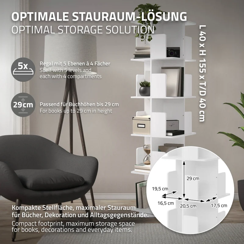 360° drehbares Bücherregal mit 5 Ebenen & 20 Fächern, Weiß, 40x155x40 cm, freistehend Standregal ML-Design