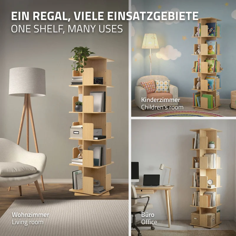 360° drehbares Bücherregal mit 5 Ebenen & 20 Fächern, Beige, 40x155x40 cm, freistehend Standregal ML-Design