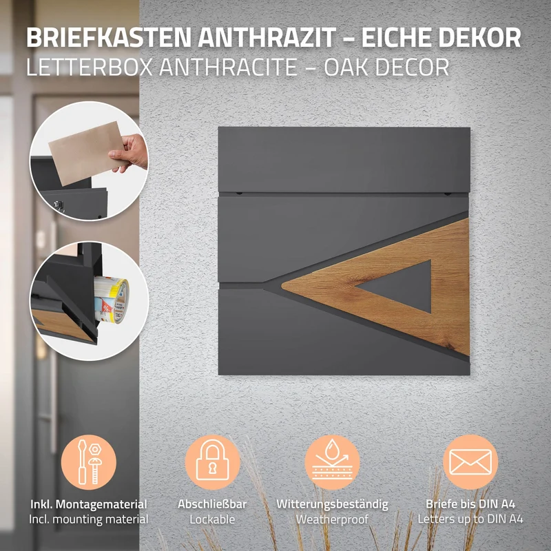 Briefkasten mit Zeitungsfach 37x36,5x11 cm Anthrazit/Holzoptik aus Stahl ML-Design