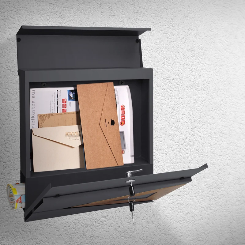 Briefkasten mit Zeitungsfach 37x36,5x11 cm Anthrazit/Holzoptik aus Stahl ML-Design