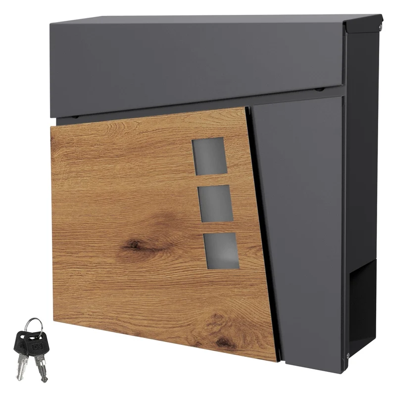 Briefkasten mit Zeitungsfach 37x37x11 cm Anthrazit/Holzoptik aus Stahl ML-Design