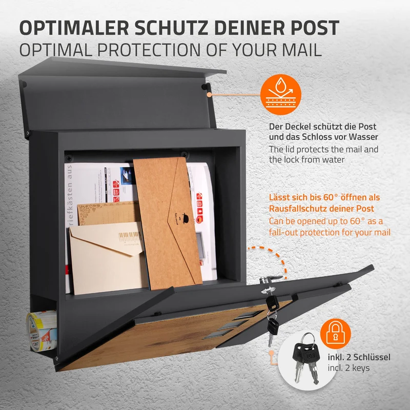 Briefkasten mit Zeitungsfach 37x37x11 cm Anthrazit/Holzoptik aus Stahl ML-Design