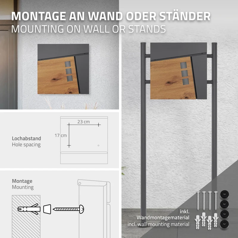 Briefkasten mit Zeitungsfach 37x37x11 cm Anthrazit/Holzoptik aus Stahl ML-Design