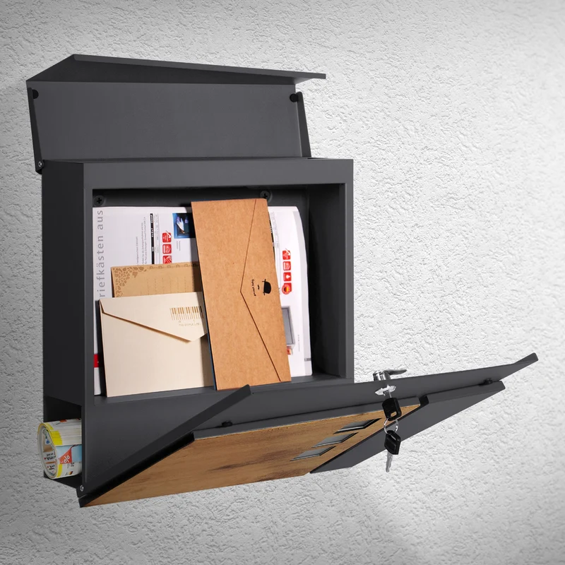 Briefkasten mit Zeitungsfach 37x37x11 cm Anthrazit/Holzoptik aus Stahl ML-Design