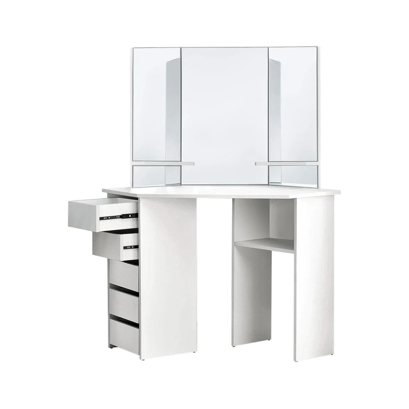 ML-Design | Schminktisch Frisiertisch 110x142x54 cm in Weiß Ecktisch mit Spiegel 3-tlg & 5 Schubladen