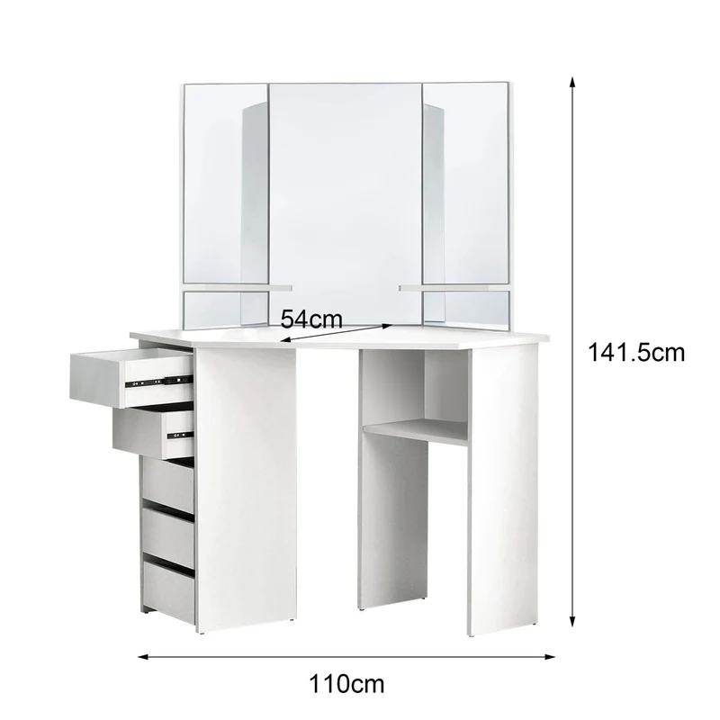ML-Design | Schminktisch Frisiertisch 110x142x54 cm in Weiß Ecktisch mit Spiegel 3-tlg & 5 Schubladen