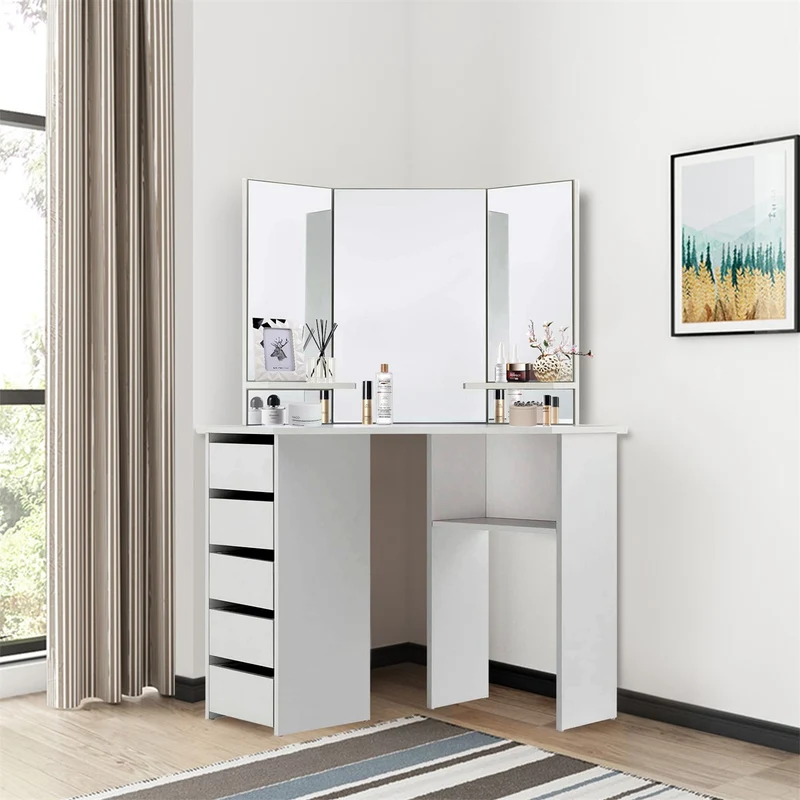 ML-Design | Schminktisch Frisiertisch 110x142x54 cm in Weiß Ecktisch mit Spiegel 3-tlg & 5 Schubladen