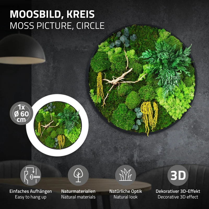 ECD GERMANY | Moosbild mit echtem Kugel-, Island- und Flachmoos-Mix & Ästen Rund Ø60 cm Mooswand Indoor Wanddeko mit Holzrahmen Wandbild für Haus Büro