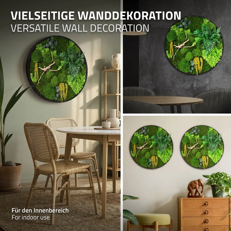 ECD GERMANY | Moosbild mit echtem Kugel-, Island- und Flachmoos-Mix & Ästen Rund Ø60 cm Mooswand Indoor Wanddeko mit Holzrahmen Wandbild für Haus Büro