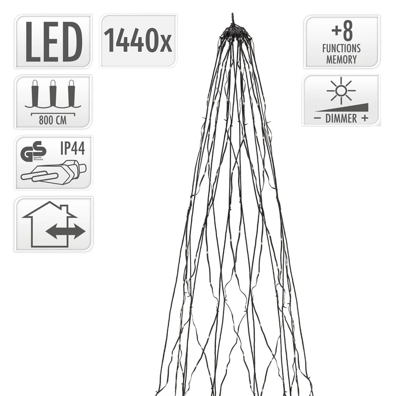 ECD GERMANY | LED Lichterkette für Fahnenmast und Weihnachtsbaum 8m Warmweiß 1440 LED Weihnachtsbeleuchtung Außen Garten Beleuchtung Baum Überwurf