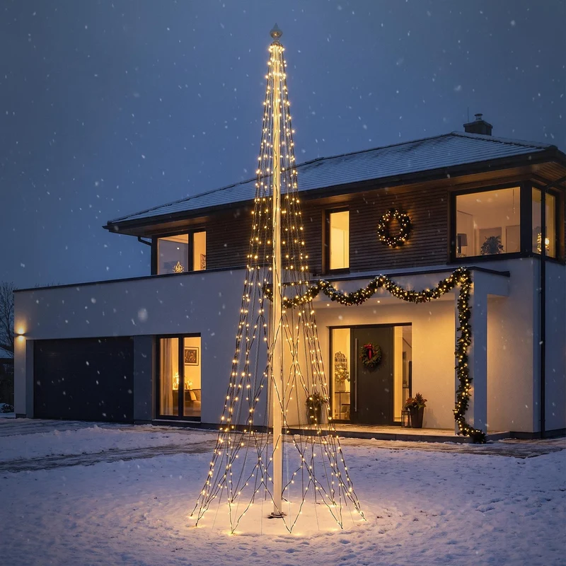 ECD GERMANY | LED Lichterkette für Fahnenmast und Weihnachtsbaum 8m Warmweiß 1440 LED Weihnachtsbeleuchtung Außen Garten Beleuchtung Baum Überwurf