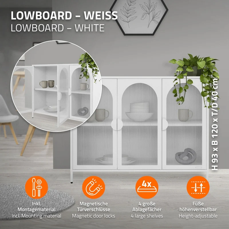 Vitrinenschrank 120x93x40 cm Vitrine mit 4 Ablage-/Regalfächer Weiß aus Stahl ML-Design