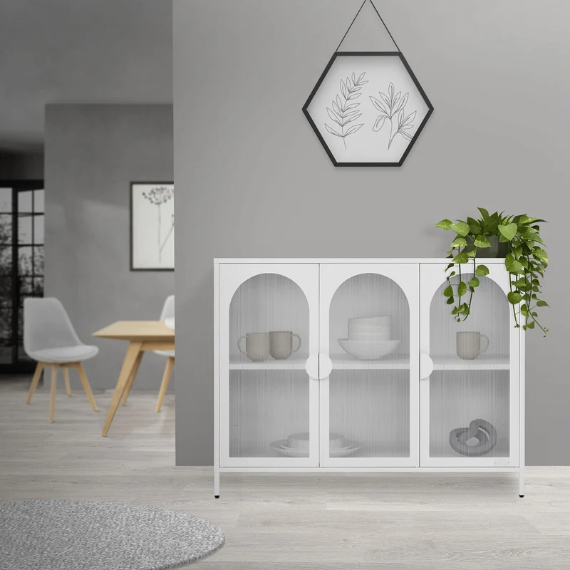 Vitrinenschrank 120x93x40 cm Vitrine mit 4 Ablage-/Regalfächer Weiß aus Stahl ML-Design