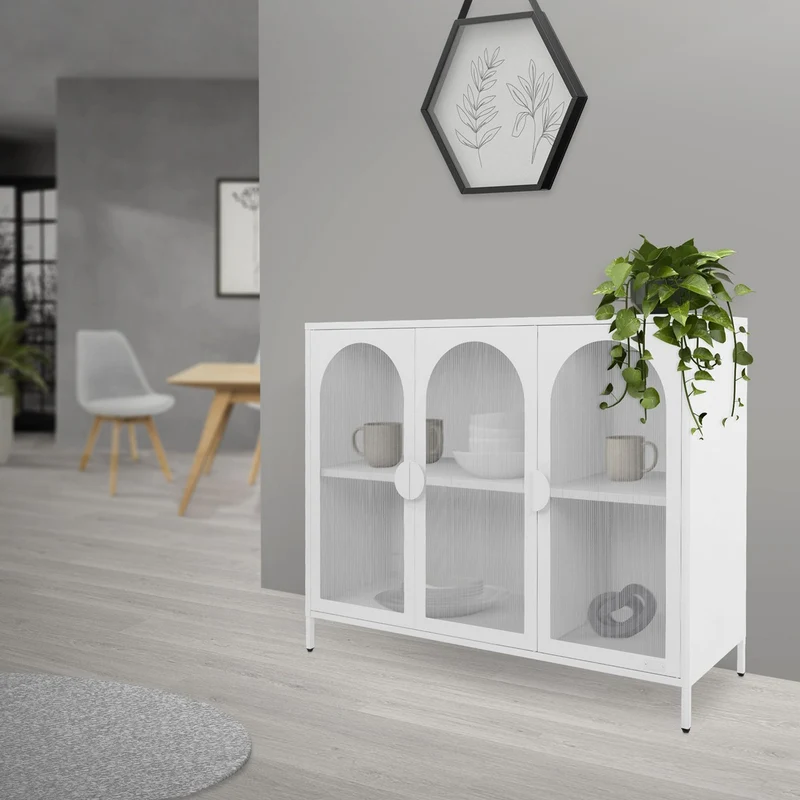 Vitrinenschrank 120x93x40 cm Vitrine mit 4 Ablage-/Regalfächer Weiß aus Stahl ML-Design