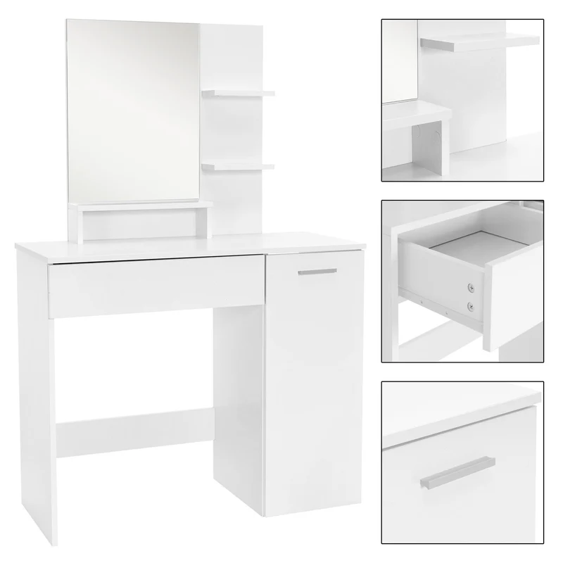 ML-Design | Schminktisch Frisiertisch 90x38x138 cm in Weiß mit Spiegel, Schublade, 3 Ablagen