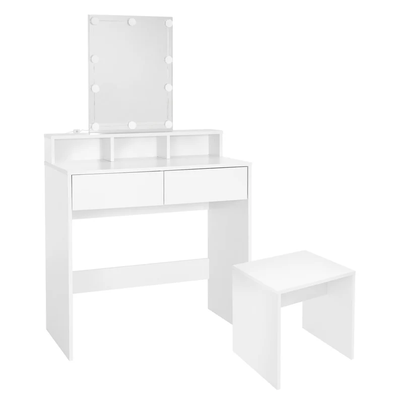 ML-Design | Schminktisch Frisiertisch 80x40x140 cm in Weiß mit LED-Beleuchtung, Spiegel, 2 Schubladen & 3 Fächer