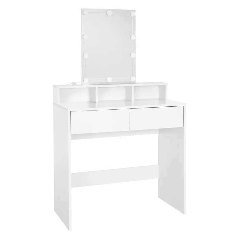 ML-Design | Schminktisch Frisiertisch 80x40x140 cm in Weiß mit LED-Beleuchtung, Spiegel, 2 Schubladen & 3 Fächer