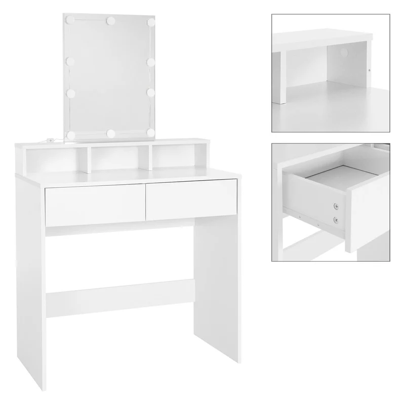 ML-Design | Schminktisch Frisiertisch 80x40x140 cm in Weiß mit LED-Beleuchtung, Spiegel, 2 Schubladen & 3 Fächer