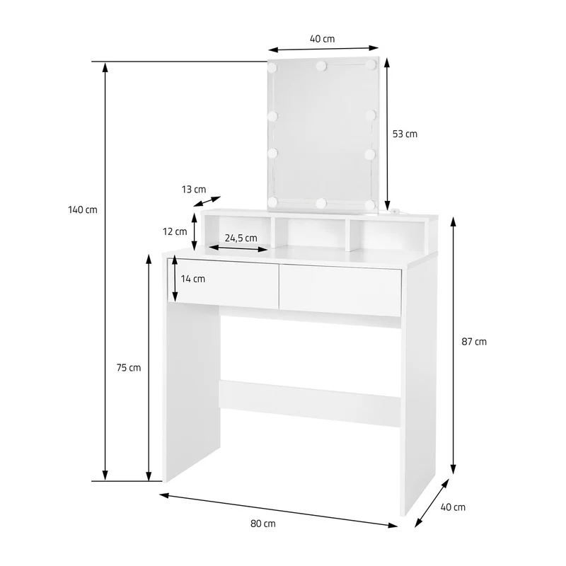 ML-Design | Schminktisch Frisiertisch 80x40x140 cm in Weiß mit LED-Beleuchtung, Spiegel, 2 Schubladen & 3 Fächer