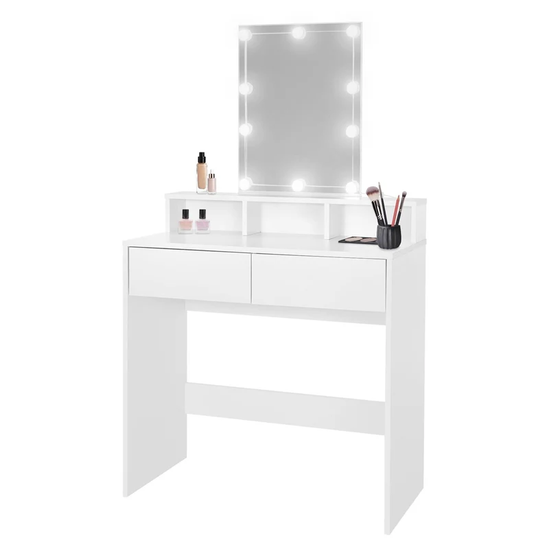 ML-Design | Schminktisch Frisiertisch 80x40x140 cm in Weiß mit LED-Beleuchtung, Spiegel, 2 Schubladen & 3 Fächer