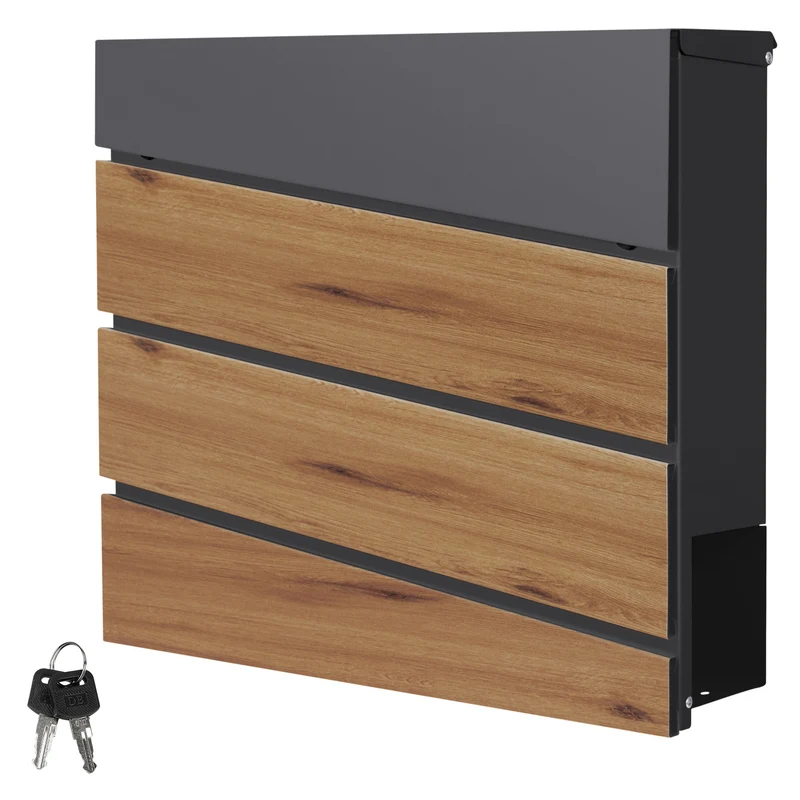 Briefkasten mit Zeitungsfach 37x37x11 cm Anthrazit/Holzoptik aus Stahl ML-Design