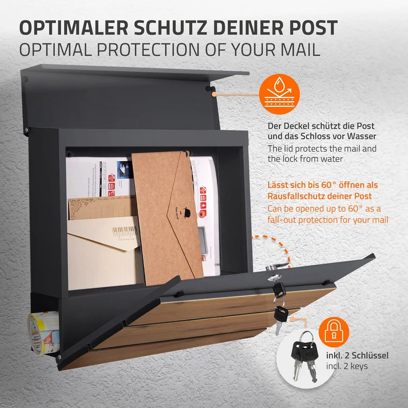 ML-Design | Briefkasten mit Zeitungsfach 37x36,5x11 cm Anthrazit aus Stahl, Modernes Diagonales Design