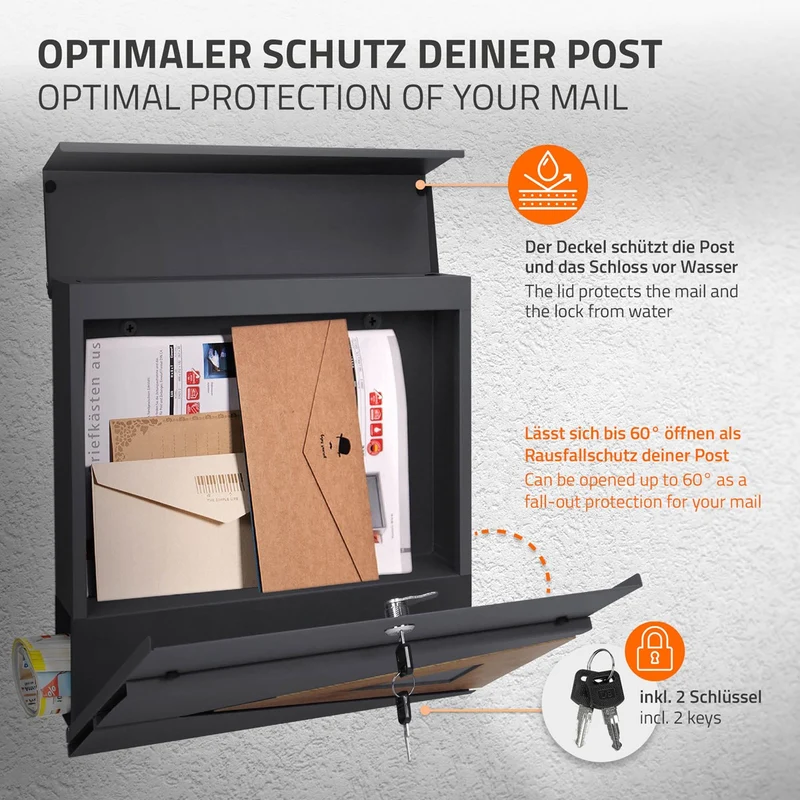ML-Design | Briefkasten mit Zeitungsfach 37x36,5x11 cm Anthrazit aus Stahl, Modernes Dreieckiges Design