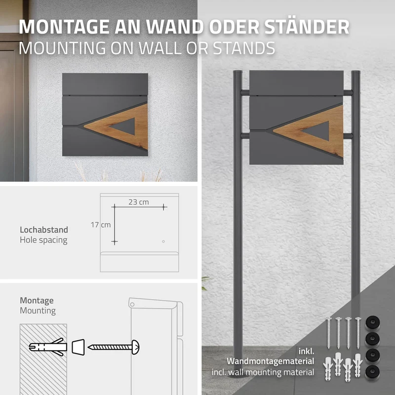 ML-Design | Briefkasten mit Zeitungsfach 37x36,5x11 cm Anthrazit aus Stahl, Modernes Dreieckiges Design
