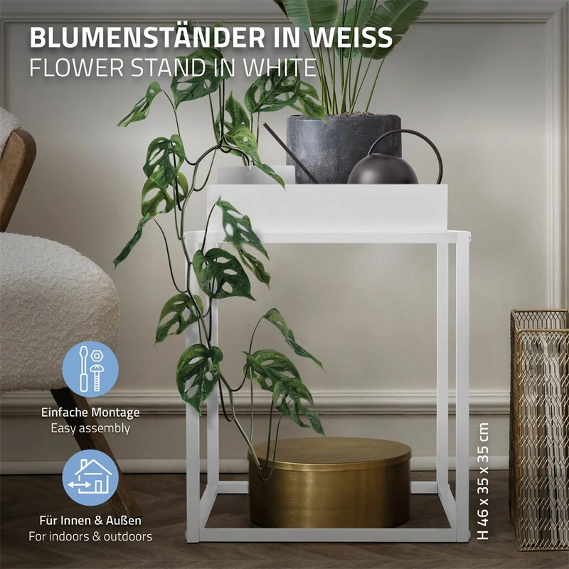 ML-Design | Blumenständer Weiß aus Metall, Pflanzenständer mit abnehmbarem Tablett Innen/Außen