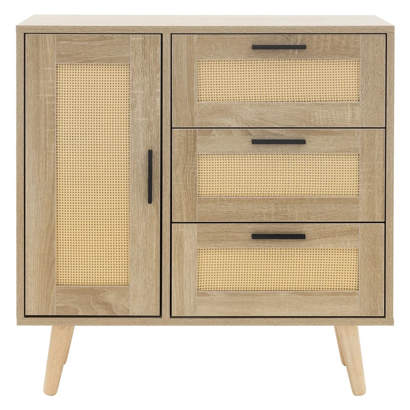 Kommode Sideboard mit Softclose Tür & 3 Schubladen 74x76x30 cm Eiche-Optik mit Rattanfront ML-Design