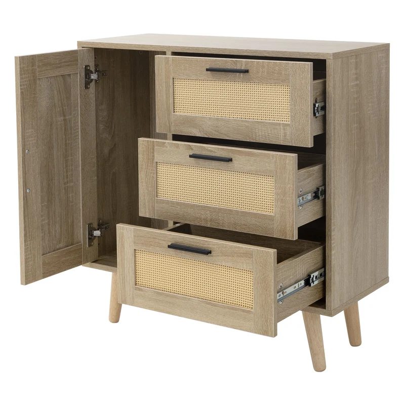 Kommode Sideboard mit Softclose Tür & 3 Schubladen 74x76x30 cm Eiche-Optik mit Rattanfront ML-Design